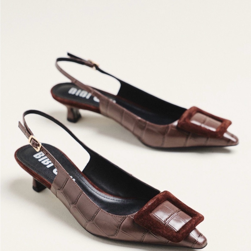 Anthropologie Bibi Lou Chocolate Brown Slingback Kitten Heels with Buckle